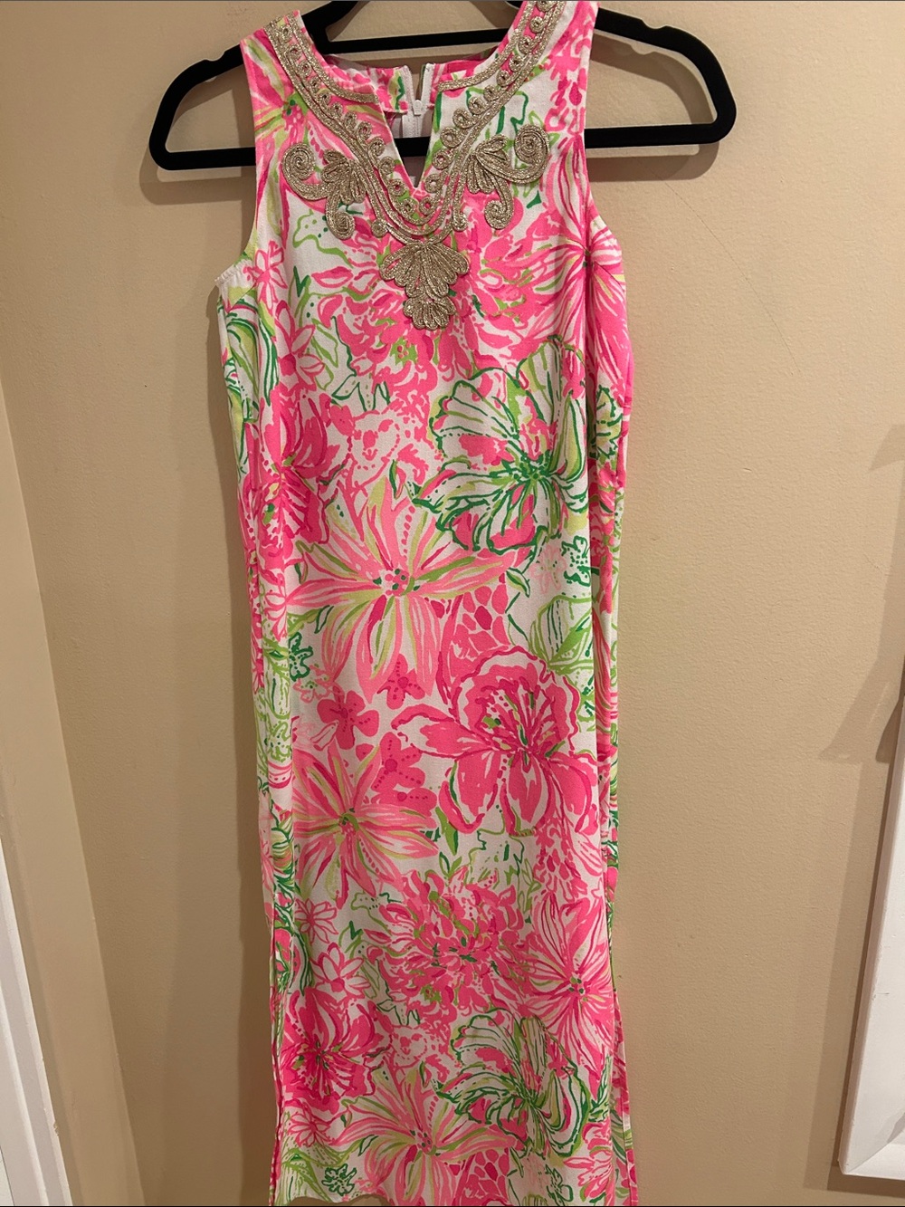 Pink Floral Sleeveless Maxi Dress with Embellished Neckline